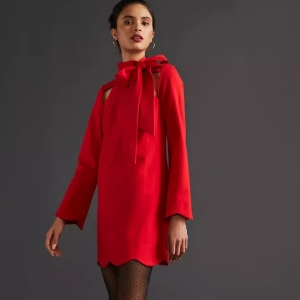 Anthropologie x Maeve Red Neck Tie Shift Scalloped Hem‎ Long Sleev Mini Dress XS